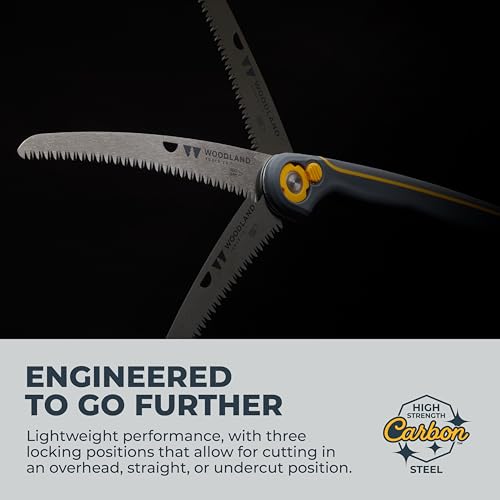 Woodland Tools Duralight Folding Saw – Curved Pruning Saw with Hardened Steel Blade, 3-Position Lock, Soft Grip Handle – Manual Tool for Tree Trimming, Branch Cutting, and Yard Work - style: Compact Duralight Folding Saw