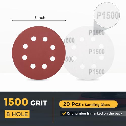 HARFINGTON 20 Pcs 5 Inch Sanding Discs 1500 Grit Red Aluminum Oxide 8 Hole - size: 5 Inch(1500 Grit)