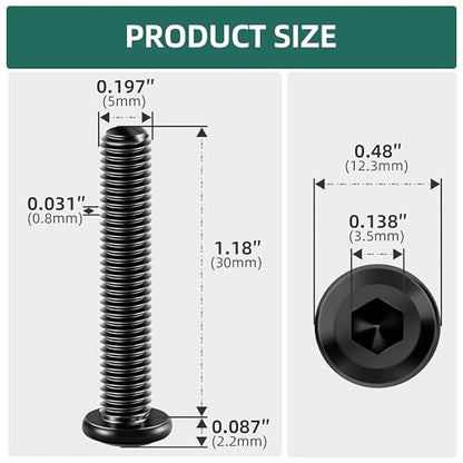 20Pcs M5-0.8 x 30mm Flat Head Socket Cap Screws Bolts 304 Stainless Steel Black Zinc Plated Furniture Bolts, Fully Threaded M5 Bolt with Hex Spanner - size: M5 x 30mm