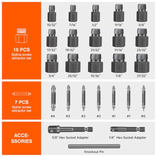 52PCS Bolt Extractor Set & Screw Extractor Kit, Stripped Bolt Remover Socket Set, Easy Out Tool for Broken, Damaged, Rusted & Rounded Bolts, Nuts and Stripped Screws with Portable Storage Case