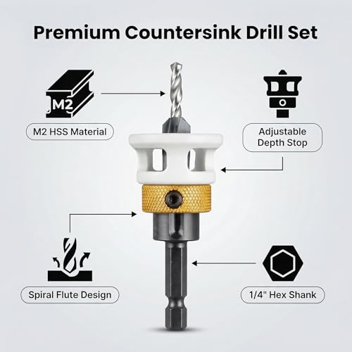 4PCS Countersink Drill Bit Set with Adjustable Depth Stop, M2 HSS 4-Flute Wood Countersink Bits, Hex Shank Pilot Drill for Woodworking, Same Size 8mm or 10mm (10mm Boxed Set) - size: 10mm Boxed Set
