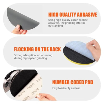 Wet Dry Sanding Discs 50 PCS 5 inch Sandpaper Set 100, 240, 320, 400, 600, 800, 1000, 1500, 2000, 3000 Grit, Hook and Loop Sandpaper 125mm for Metal Wood Paint Auto Polishing