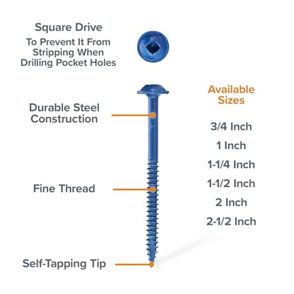 Bora Pocket Hole Screws - 2 Inch (200 Piece) - Fine Thread - size: 2 inch (200 Piece), style: Fine Thread