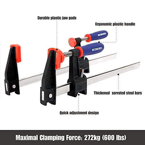 WORKPRO 2-Piece 12" Steel Bar Clamps with 2-1/2" Throat & 600lbs Load Limit - size: 12 inch