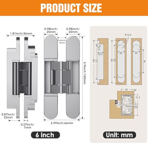 6" Hidden Door Hinge/Concealed Hinges,Invisible Hinges - color: silvery, size: 6 Inch
