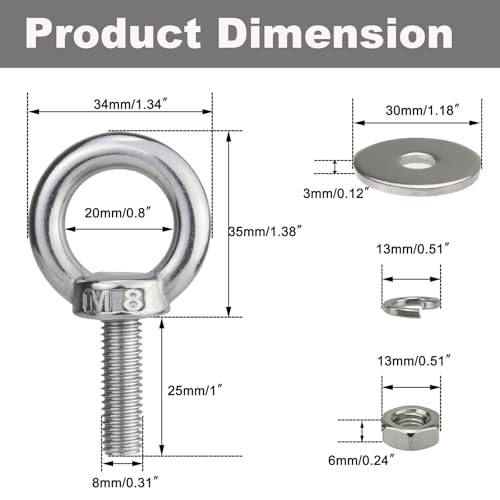 M8 Stainless Steel Eye Bolts with Nuts and 4 Pack M8 x 25mm (5/16" x 1") - size: M8x25mm (5/16"x1")