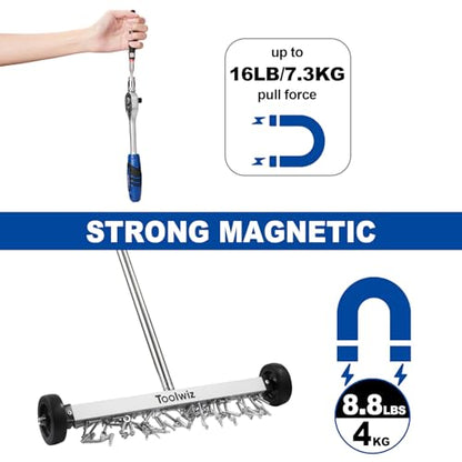 Toolwiz 17" Rolling Magnetic Sweeper with Telescopic Magnetic Pick Up Tool - size: 17 Inches Set
