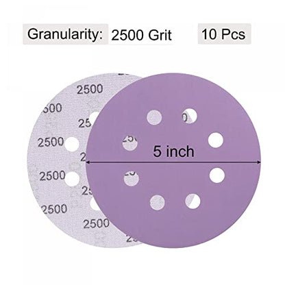 uxcell 10Pcs 5-Inch Purple Sanding Discs 2500 Grits 8 Hole Hook and Loop Professional Aluminum Oxide Sand Paper Wet Dry Polish for Wood Metal Paint Finish - style: 2500 Grit