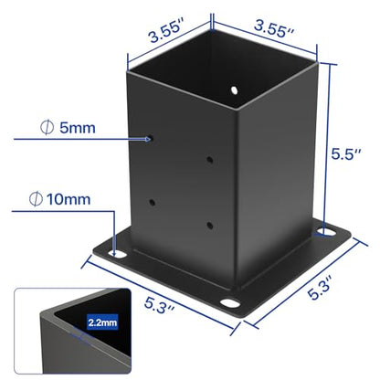 4x4 Post Base 2Pcs(Inner Size 3.55"x 3.55") Concrete Post Brackets Anchors 13 Gauge Thick Solid Steel Heavy Duty Stainless Steel Screws Black Powder Coated for Wood,Pergola,Decking,Railing - size: 4x4