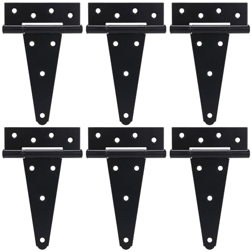 6 Inch T-Strap Gate Hinges, Shed Barn Door Hinges Heavy Duty, Black Tee Hinges for Wooden Fences, Yard Gate, Wrought Hardware Iron Rustproof (6 Pack/Set) - size: 6 Inch