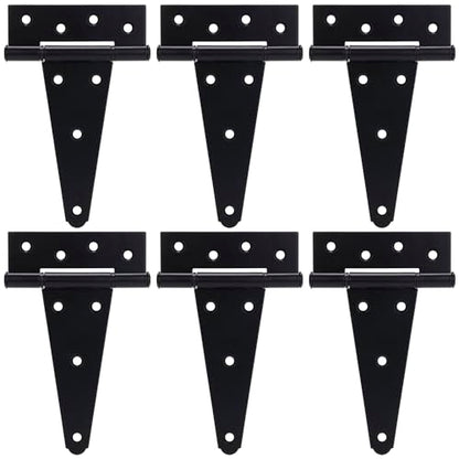 6 Inch T-Strap Gate Hinges, Shed Barn Door Hinges Heavy Duty, Black Tee Hinges for Wooden Fences, Yard Gate, Wrought Hardware Iron Rustproof (6 Pack/Set) - size: 6 Inch