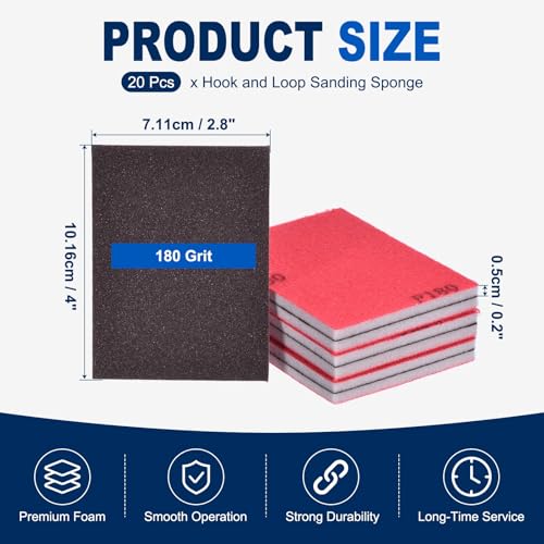 20Pcs 180Grit Sanding Sponges, 4x2.8In Hook & Loop Black - size: 180 Grit