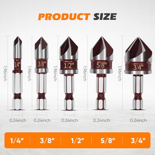 5 PCS Countersink Drill Bit Set, 82-Degree HSS, Size 1/4"-3/4"