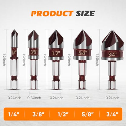 5 PCS Countersink Drill Bit Set, 82-Degree HSS, Size 1/4"-3/4"