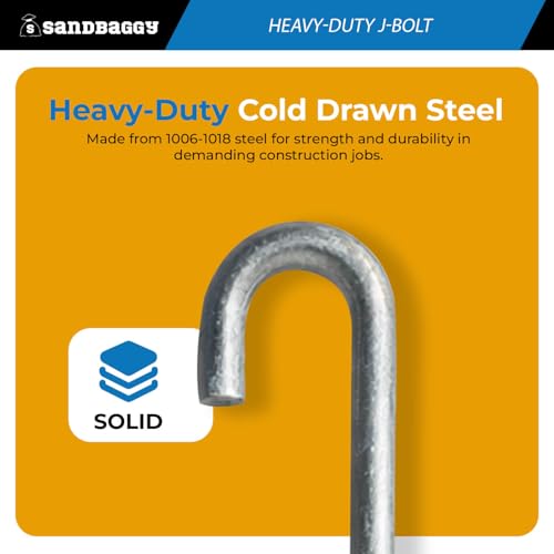 3/4" x 18" Galvanized Threaded J-Bolt Concrete Anchor (Nut & Washer Included) - Sandbaggy (3/4" x 18", 10, Count)