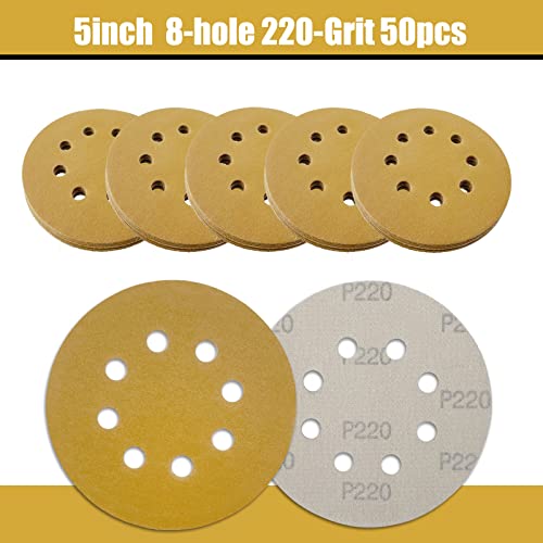 5 Inch Sanding Discs Hook and Loop, 220 Grits 8 Holes Sandpaper Round Orbital Sander Paper for Woodworking Car Boat Metal Polishing, 50pcs - style: 220 grits 50pcs