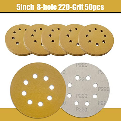 5 Inch Sanding Discs Hook and Loop, 220 Grits 8 Holes Sandpaper Round Orbital Sander Paper for Woodworking Car Boat Metal Polishing, 50pcs - style: 220 grits 50pcs