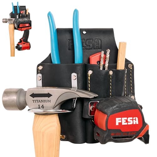 FESA Durable Leather Pliers Holster - Leather Double Plier Holder for Belt with Steel Hammer Holder, Tape Clip & 2 Carpenter's Pencil Pockets - Clip On Any Belt - Handcrafted - color: Black