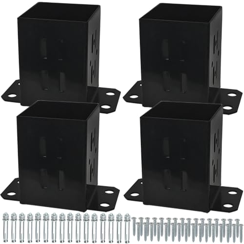 JINHAN 4x4 Wood Fence Post Base Brackets | Heavy Duty Powder-Coated 13-Gauge Steel Anchor Support, Come with Screws and Concrete Anchors (4 Pack)