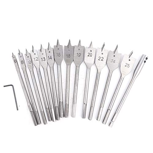 15-Piece Spade Drill Bit Sets, 6‑25mm Paddle Flat Bit with 1/4'' Quick Change Shank & 6'' Drill Bit Extension for Hole Cutter Woodworking