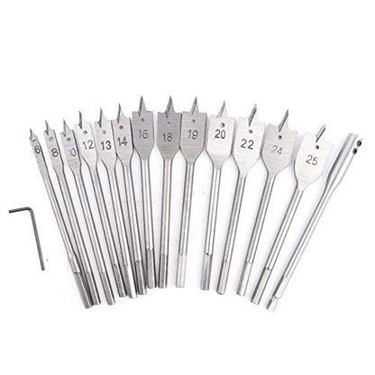 15-Piece Spade Drill Bit Sets, 6‑25mm Paddle Flat Bit with 1/4'' Quick Change Shank & 6'' Drill Bit Extension for Hole Cutter Woodworking