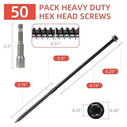 #14x8 Black Hex Exterior Lag Screws, Structural Wood Screw, Heavy DutyTimber Screws Includes Hex Socket (50Pcs) - size: #14 x 8"