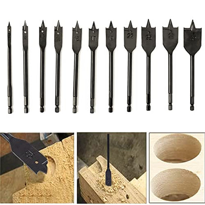 11pc SAE Spade Bits 1/4"-1-1/2" - Flat Wood Boring Set for Fast Drilling