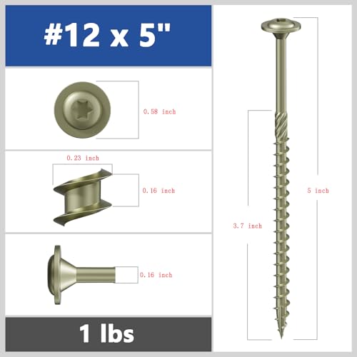 Wensilon #12 x 5 Yellow Lag Screws, Structural Wood Screw,24PCS 1lbs 5.5x125mm - color: Yellow, size: #12 x 5"