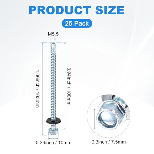 M METERXITY 25-Pack Self Drilling Screws with Rubber Washer #12 x 4 Zinc Plated Carbon Steel Hex Head Self-Tapping Screws for Metal Roofing/Siding Panels/Steel Structures [ 103mm Length] - size: M5.5 x 100mm
