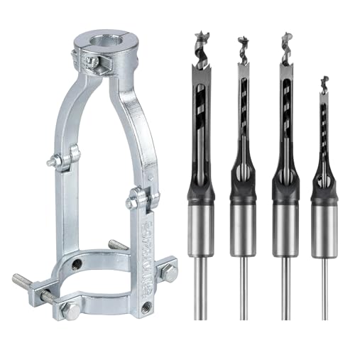 Square Hole Drill Bit Adapter with 4pcs Square Hole Drill Bit, Mortising Attachment for Drill Press, Mortise Machine, Power Tool Accessory for Drill Machines