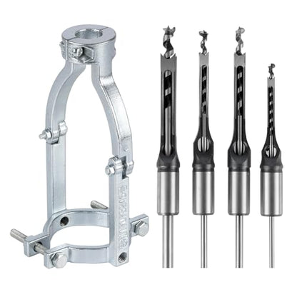 Square Hole Drill Bit Adapter with 4pcs Square Hole Drill Bit, Mortising Attachment for Drill Press, Mortise Machine, Power Tool Accessory for Drill Machines