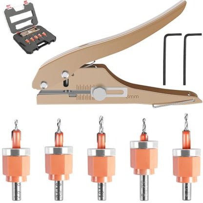 5Pcs Limit Countersink Drill Bit Set with Hole Punch, Deep Adjustable Countersunk Drill Bit Kit, Round Shank Wood Countersink Drill Bit, Edge Banding Punching Tool for Wood PVC (Drill Bit+Plier)