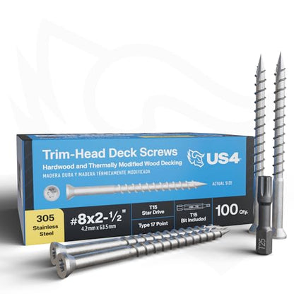 US4 - #8 x 2-1/2" - Stainless Steel Wood Screws | 305 Stainless Steel | Trim Head T15 Star Drive | Rust & Corrosion-Resistant | Outdoor Decking Screws (100, #8 x 2-1/2 Inches) - size: #8 x 2-1/2"