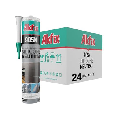 Akfix 905N Clear 100% Silicone Caulk for Construction and Building (24x10.5 fl.oz.) - Solvent-Free, Low Odor, UV & Water Resistant, Fast Curing, Non-sag, Flexible Silicone Sealant | Clear, 24 Pack - size: 24 Pack, style: Kitchen&Bath Silicone-Clear