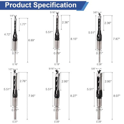 Square Hole Drill Bit Set, Bearing Steel, 6 Sizes 1/4"-5/8"
