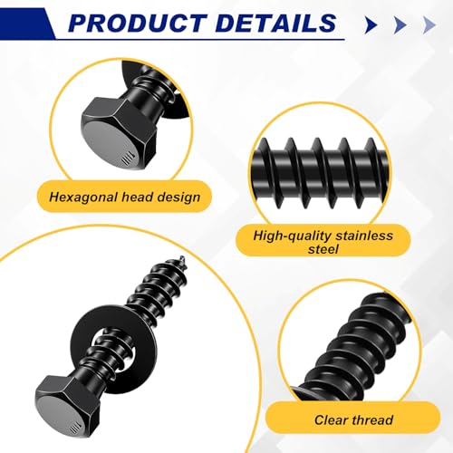 Zonon 50 Pcs 3/8" X 3" Hex Head Lag Bolts Screws with Washers, Black - color: Black, size: 3/8" X 3"