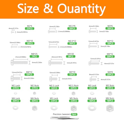 500 Pcs Nylon Hex Head Screws Bolts and Nuts and Washers Assortment Set - size: M2,M2.5,M3,M4,M5,M6