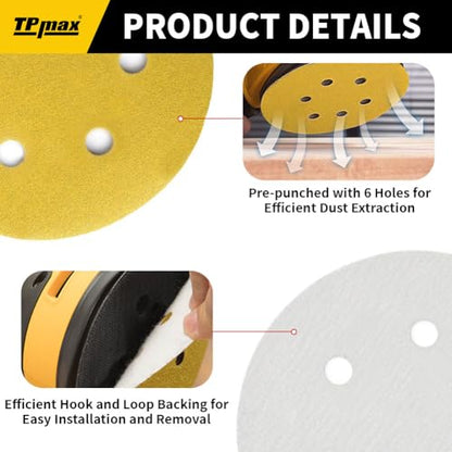 100PCS 6 Inch 320 Grit 150mm 6 Hole Sanding Discs Sandpaper - Premium Gold Round Hook and Loop for Random Orbital Sander - Ideal for Wood, Metal, Automotive - style: 320 Grit - 100 Pack