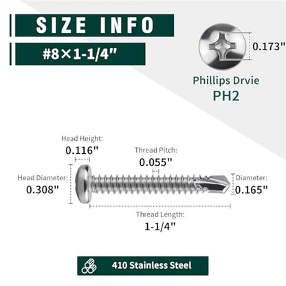 #8 x 1-1/4" Pan Head Self Drilling Screws, Phillips Drive, 410 Stainless Steel Sheet Metal Screws,Self Tapping, Dovetail, Pack of 100 - size: #8 x 1-1/4"