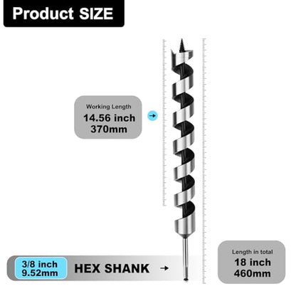 1-1/2" X 18" Auger Bit for Wood, 38x460mm Hex Long Auger Drill Bit - size: 1-1/2" (38mm)diameter, style: 18 inch / 460mm Length