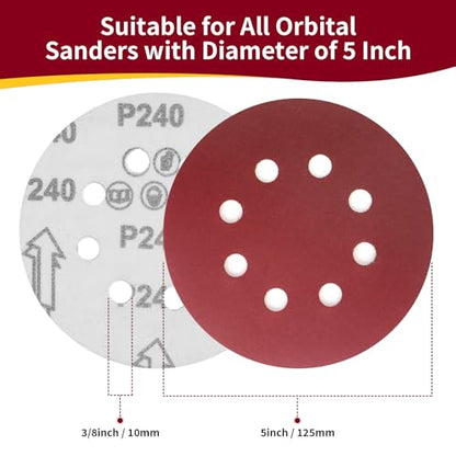 155PCS 5 Inch 8 Hole Sanding Discs, Hook and Loop Sandpaper - size: 5 Inch - 155 Pcs