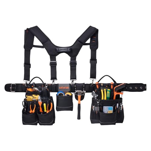 VEVOR Tool Belt, 19 Pockets Tool Pouch with Suspenders for Men, Heavy Duty Adjustable Utility Belt Work Bag Detachable Suspension Rig for Electrician, Carpenter, Construction, Adjust Waist 31 to 51in - size: 19 Pockets