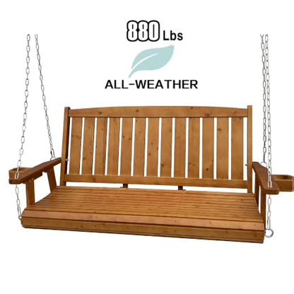 Wooden Porch Swing 3-Seater, Bench Swing with Cupholders (Brown, 5 FT Extra Large)