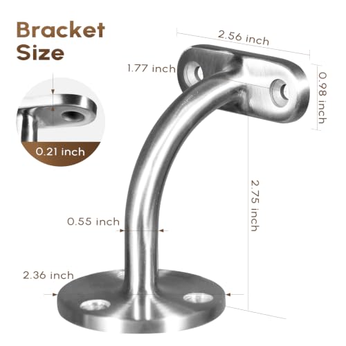 2 Pack 316 Stainless Steel Handrail Bracket for Indoor Stairs, Brushed Railing Brackets for Handrail, Wall Mount Hand Rail Bracket - size: 2 Pack
