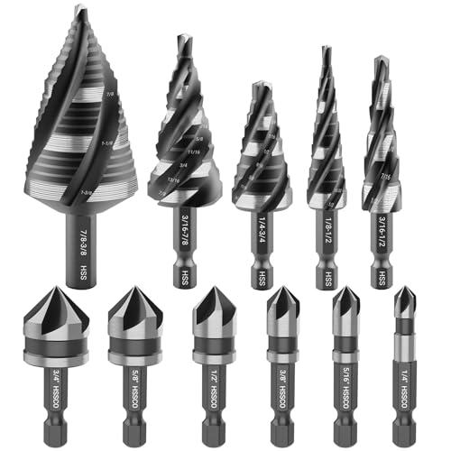 5 Pcs Four Spiral Flute Step Drill Bit Set, 6 Pcs Countersink Drill Bits - size: HSS 11 Pieces (5 Step + 6 Countersink)