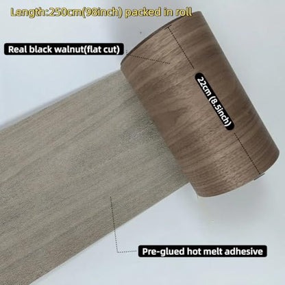 Black Walnut Wood Veneer Sheet,Flat Cut,8.5''x 98'',Iron On Stick Veneer Roll Without Paper,Pre-glued Hot Melt Self Adhesive Walnut Tape for Cabinet Furniture Plywood Laminate Speaker Renovation - color: Black Walnut