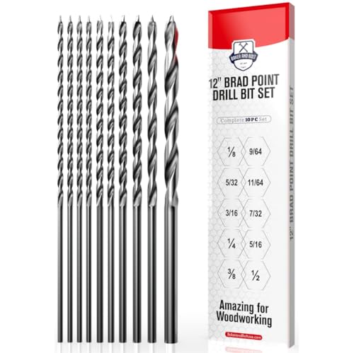 Baker and Bolt 10pc Extra Long 12" Brad Point Drill Bit Set for Wood High-Speed Steel Wood Drill Bits Set Titanium Coated Pack of 10 with Storage Sleeve (10 Pcs Brad Point 12" Long 1/8"-1/2") - style: 10 Pcs Brad Point 12" Long 1/8"-1/2"
