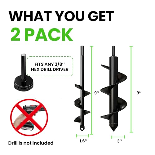 K-Brands Auger Drill Bit for Planting – 1.6 x 9 Inch & 3 x 9 Inch Set - Garden Spiral Hole Drill and Bulb Planter Tool - Bedding Plants, Umbrella Holes - 3/8 Inch Hex Drive Drill - size: 1.6 x 9 + 3 x 9 Inch