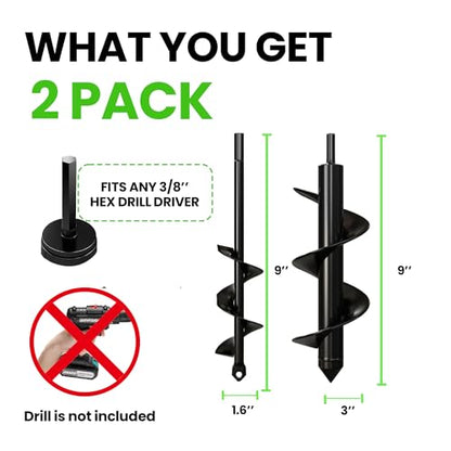 K-Brands Auger Drill Bit for Planting – 1.6 x 9 Inch & 3 x 9 Inch Set - Garden Spiral Hole Drill and Bulb Planter Tool - Bedding Plants, Umbrella Holes - 3/8 Inch Hex Drive Drill - size: 1.6 x 9 + 3 x 9 Inch
