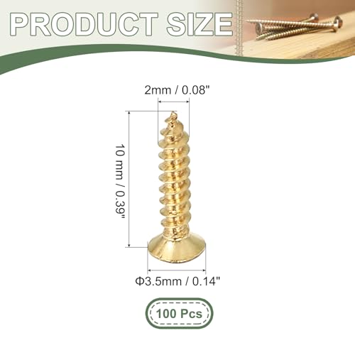 Brass Wood Screws Self Tapping Screws, M2 x 10 mm Flat Cross Head Fit for Door Hinges Electronics Furniture (100 Pack, Gold Tone) - size: M2 x 10 mm